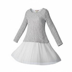 SPEECHLESS White Silver Knit Layer Look Pleated Skirt Long Sleeved Dress Size 10
